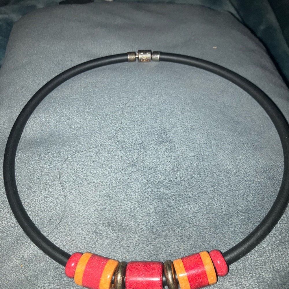 Jay King Sterling Silver and Black Rubber and Red Beaded Necklace